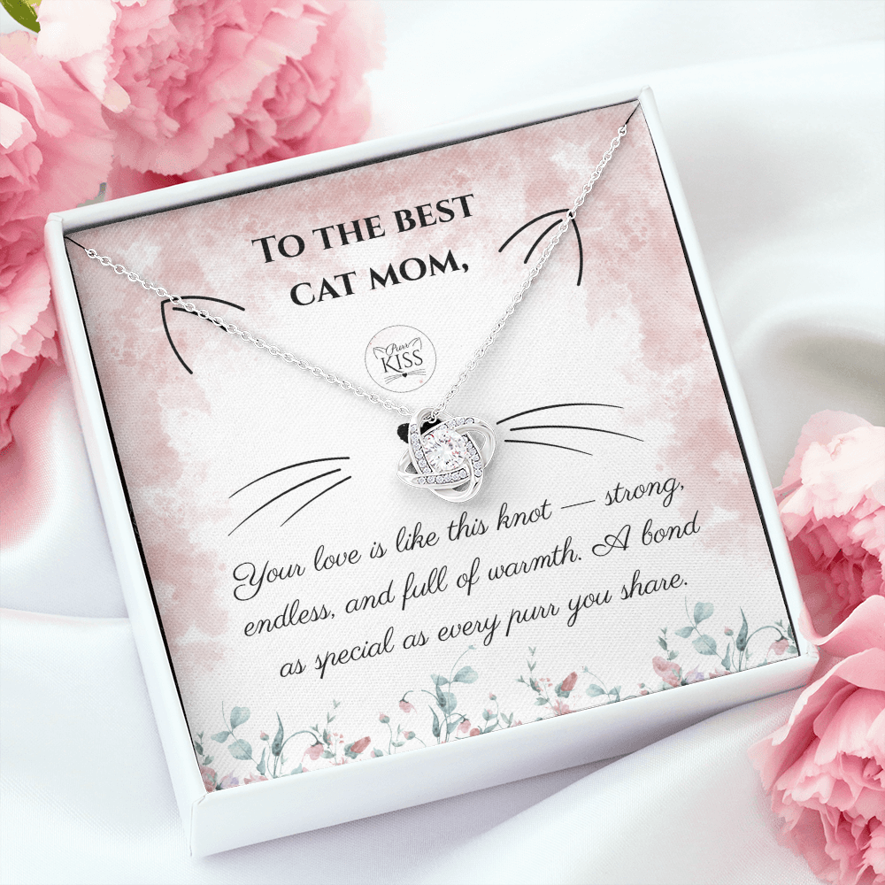 Cat Mom Love Knot Necklace – Cat Lover Gift for Women | Yellow & White Gold Options