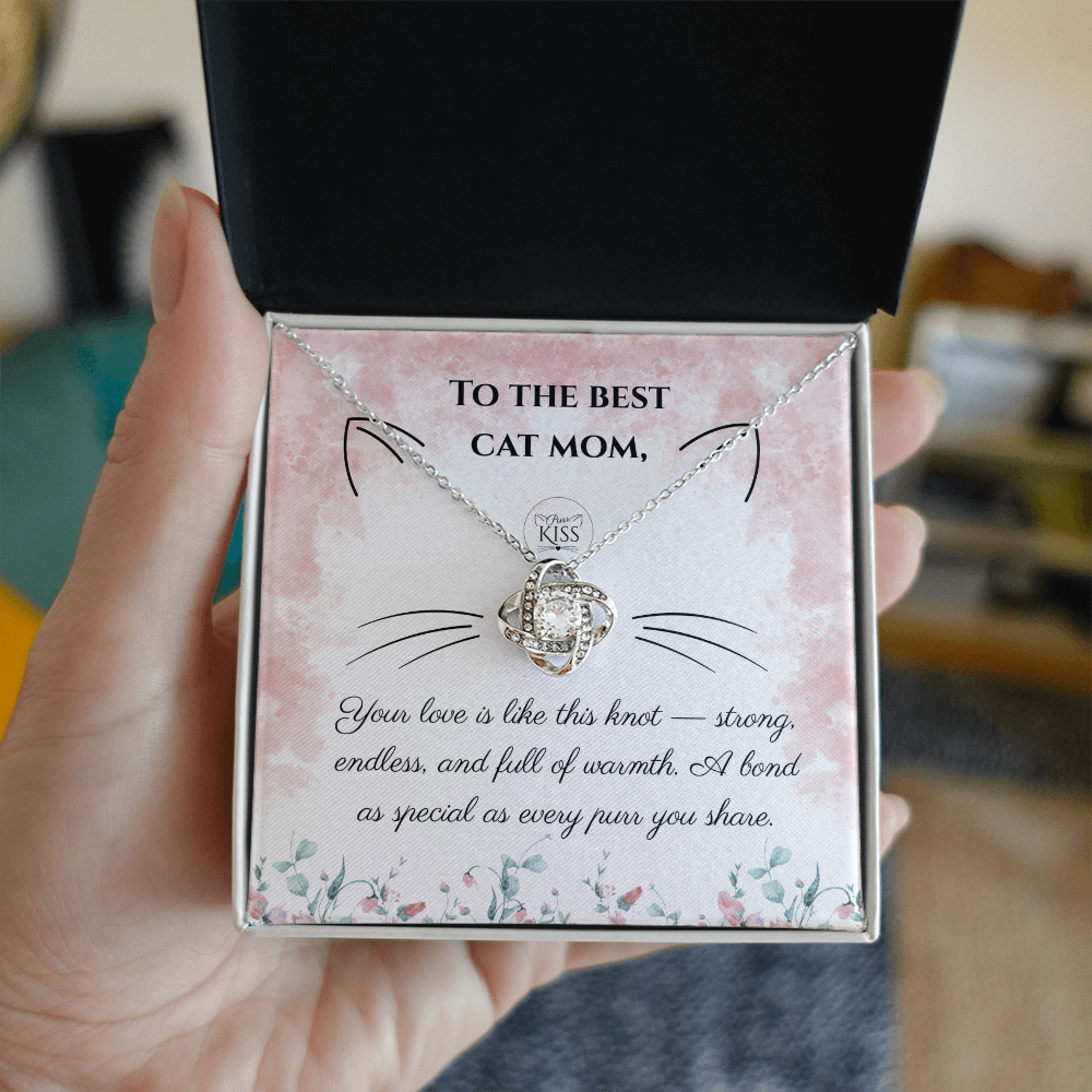 Cat Mom Love Knot Necklace – Cat Lover Gift for Women | Yellow & White Gold Options