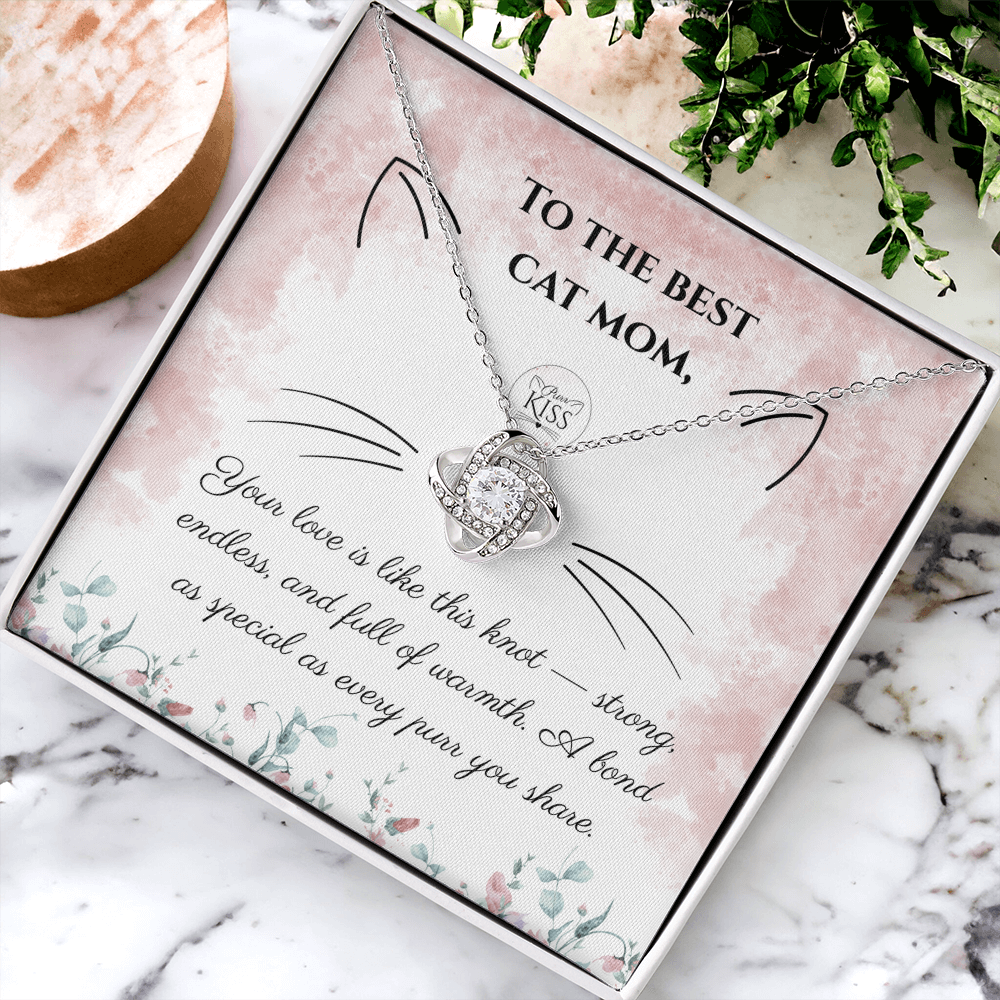 Cat Mom Love Knot Necklace – Cat Lover Gift for Women | Yellow & White Gold Options
