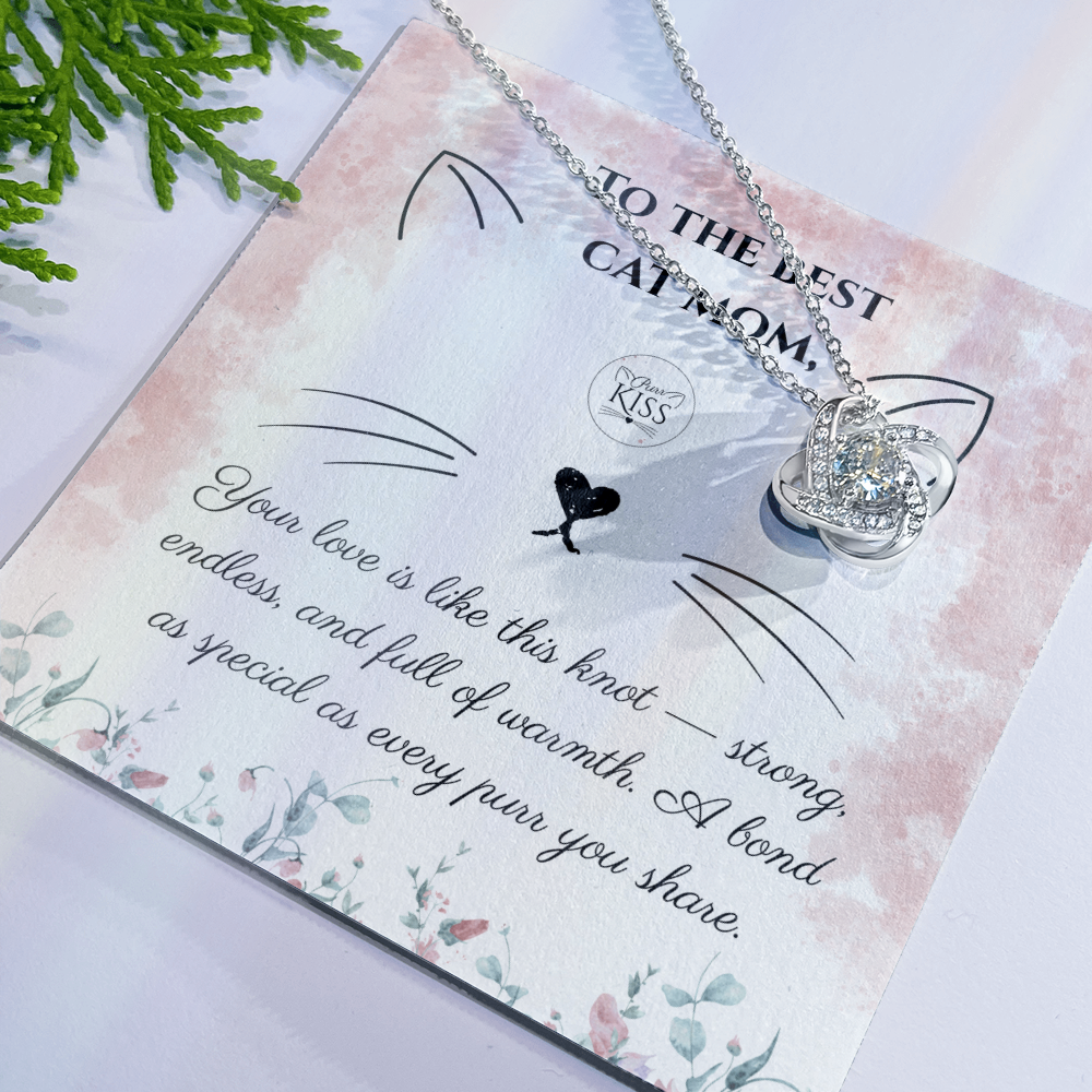 Cat Mom Love Knot Necklace – Cat Lover Gift for Women | Yellow & White Gold Options