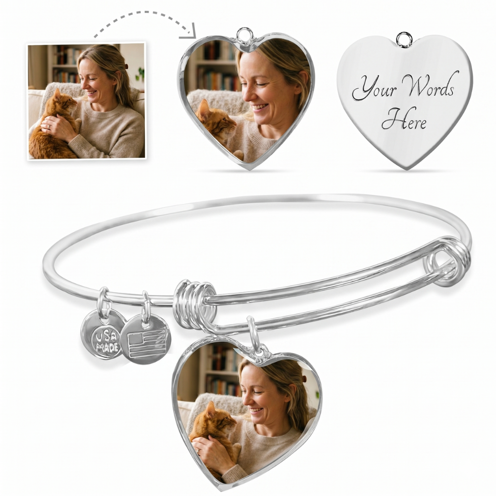Custom Photo Heart Bangle for Cat Moms