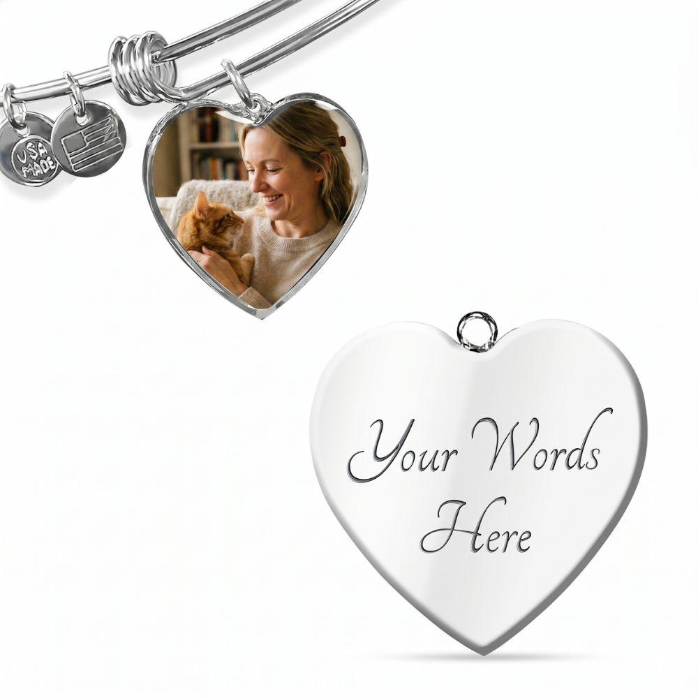 Custom Photo Heart Bangle for Cat Moms