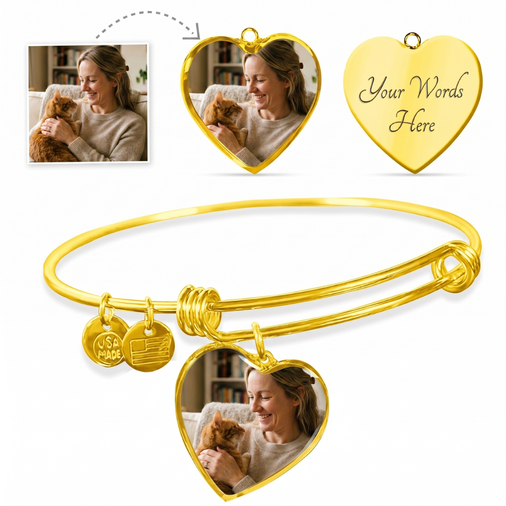 Custom Photo Heart Bangle for Cat Moms