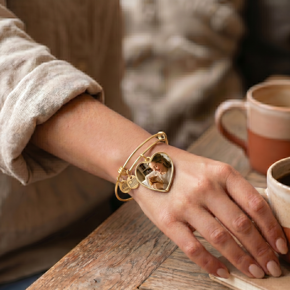 Custom Photo Heart Bangle for Cat Moms