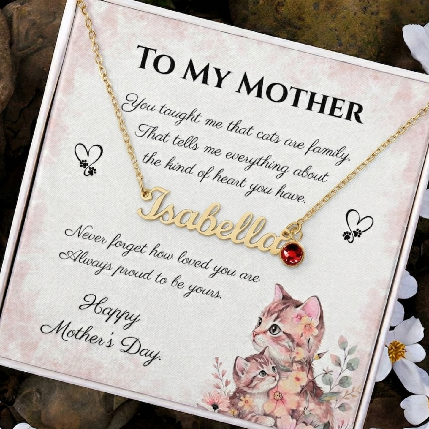 To My Mother – Always Proud Custom Name Necklace with Birthstone | Mother's Day Gift for Cat Moms