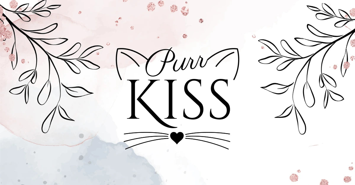 Decorative banner with 'PurrKiss' text and floral elements on a light background