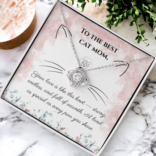 Cat Mom Love Knot Necklace – Cat Lover Gift for Women | Yellow & White Gold Options