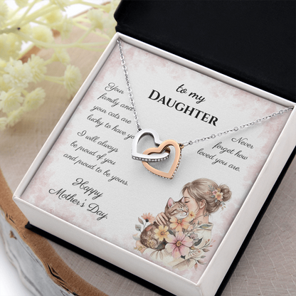 To My Daughter – Forever Proud Interlocking Hearts Necklace | Mother's Day Gift for Cat Lovers