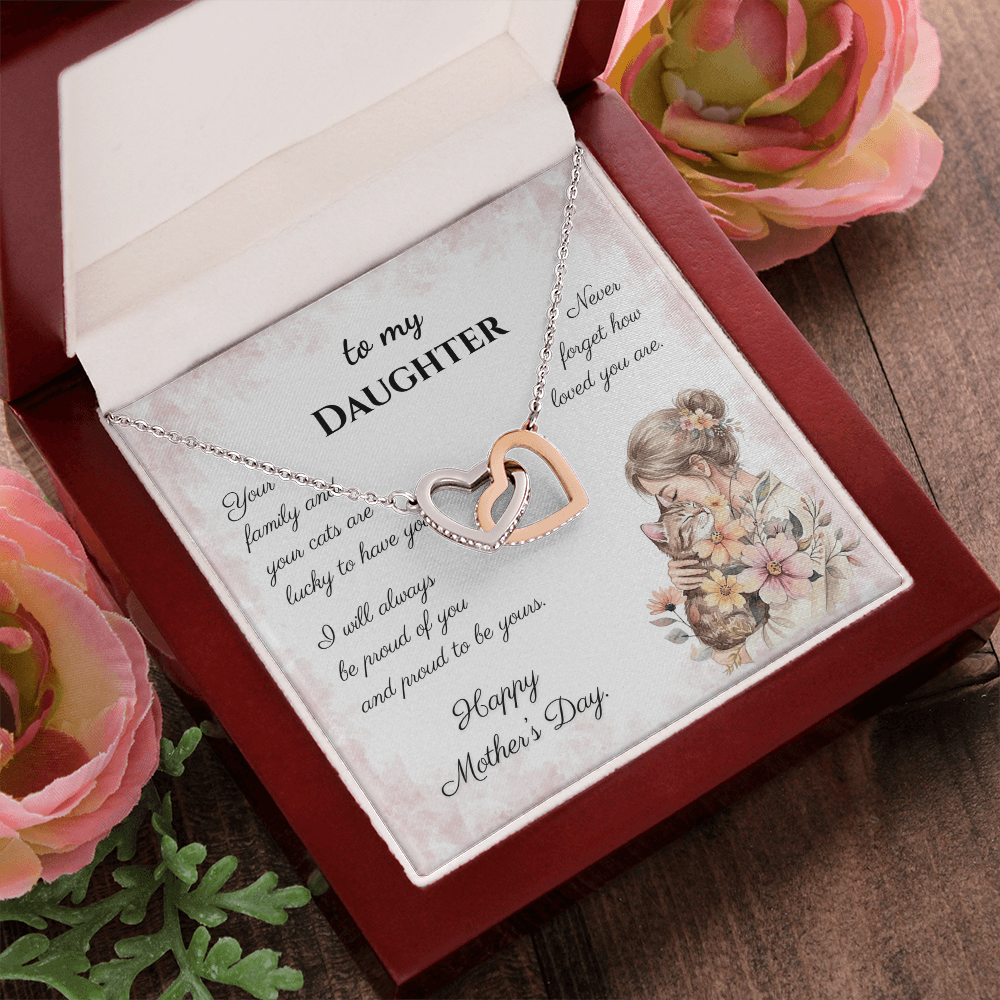 To My Daughter – Forever Proud Interlocking Hearts Necklace | Mother's Day Gift for Cat Lovers
